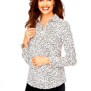 Talbots dainty dot no iron blouse, white black and metallic gold. Size 8